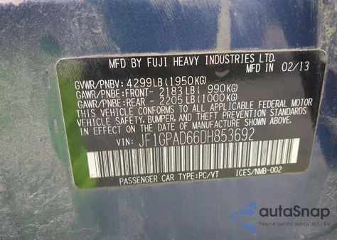 2013 Subaru Impreza 2.0I Premium from USA, damaged, VIN JF1GPAD66DH853692